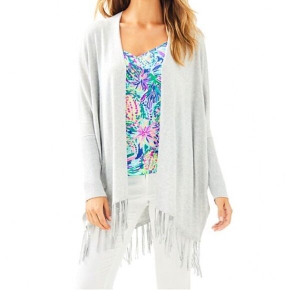 Lilly Pulitzer Colina Cardigan Fringe Sweater in Heathered Swordfish Gray Size S - Picture 1 of 11